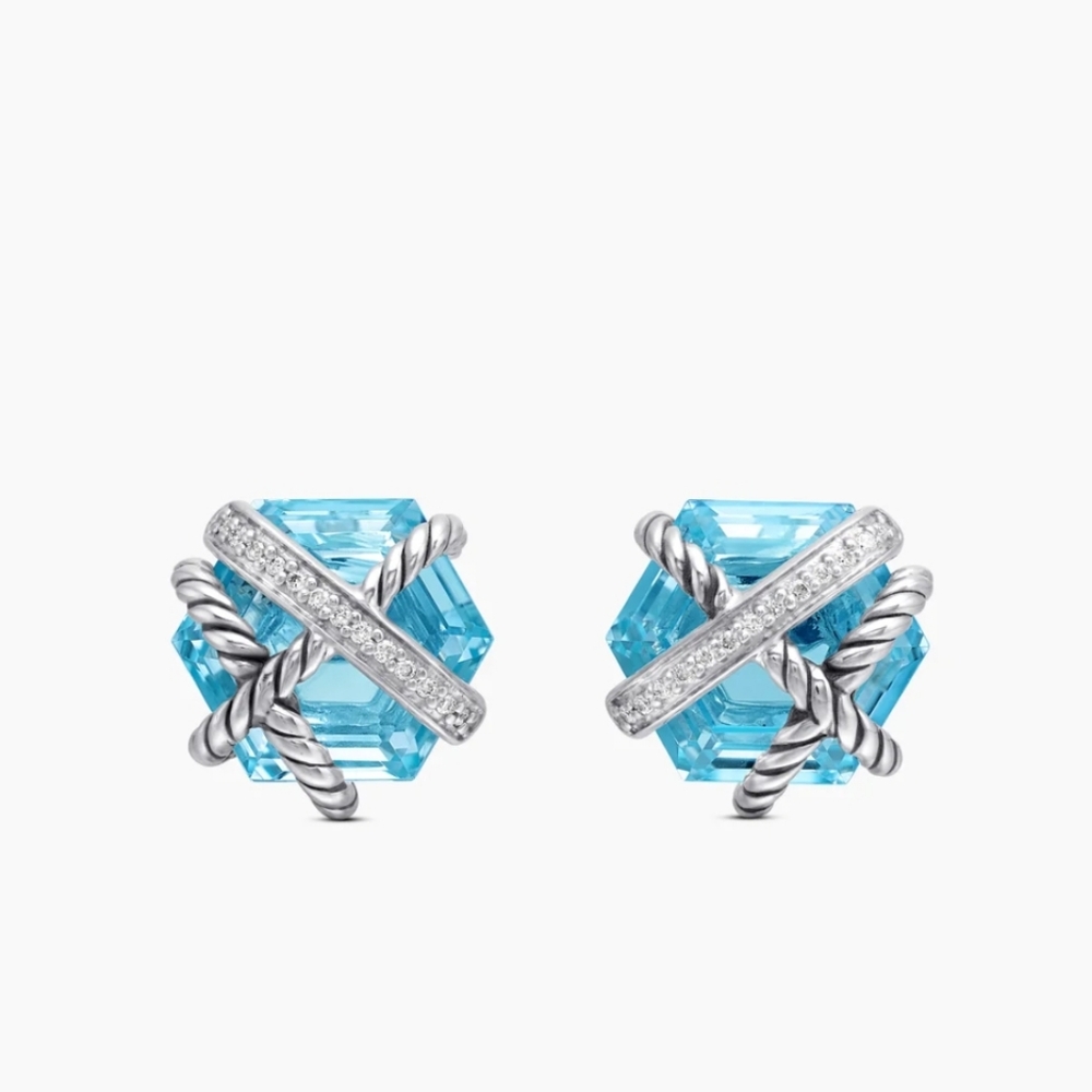 🌹David Yurman Sterling Silver Blue Topaz Diamond Cable Wrap Stud Earrings